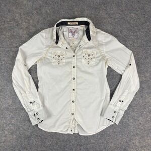 Roar Signature Womens White Western Shirt Embroidered Rhinestone Cowgirl Large